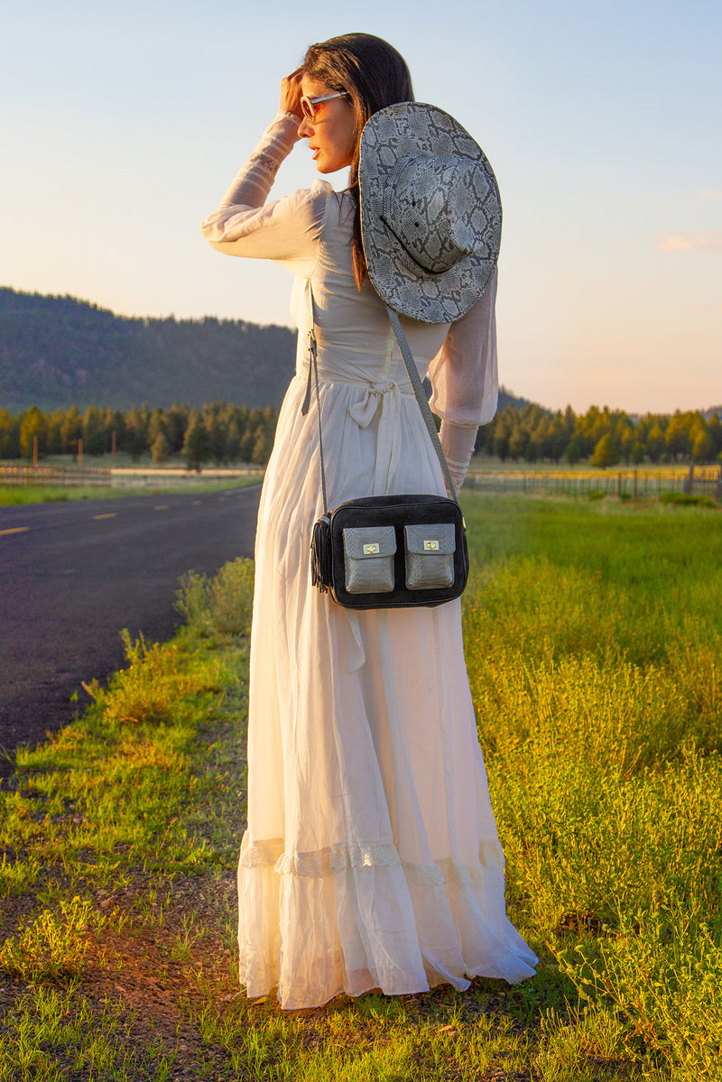 CAMBAG, crossbody bag Grey & Blue cobra and lamb suede