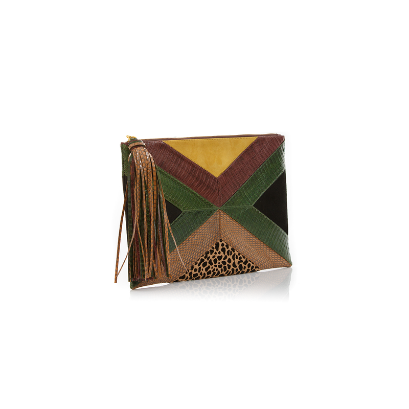 KAPPOW pouch summer green and brown cobra with leopard print and mustard suede