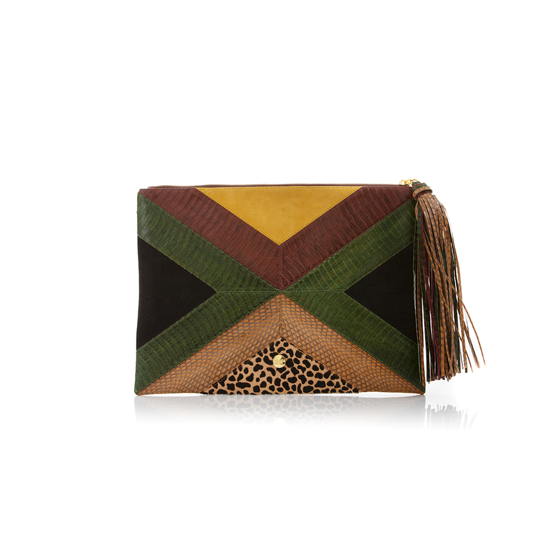 KAPPOW pouch summer green and brown cobra with leopard print and mustard suede