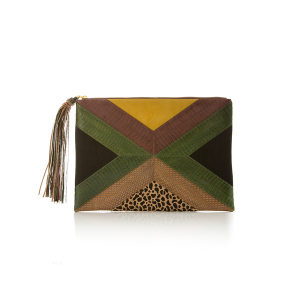 KAPPOW pouch summer green and brown cobra with leopard print and mustard suede