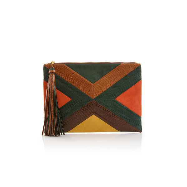 KAPPOW pouch dark green and tobacco cobra with paprika and mustard suede