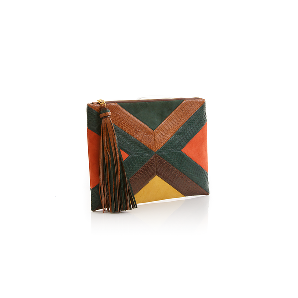 KAPPOW pouch dark green and tobacco cobra with paprika and mustard suede