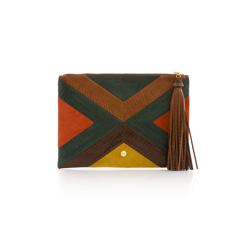KAPPOW pouch dark green and tobacco cobra with paprika and mustard suede