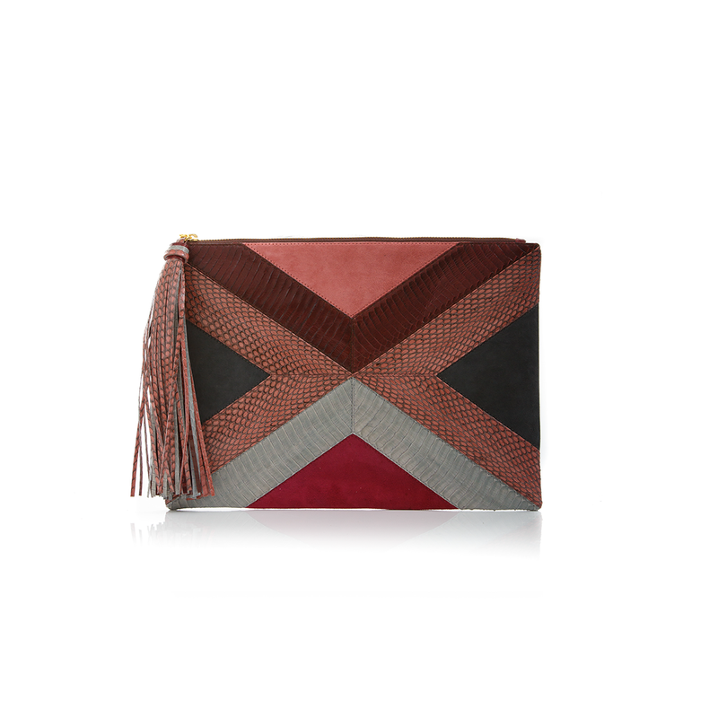 KAPPOW pouch cognac and cassis cobra with eggplant leather and black suede