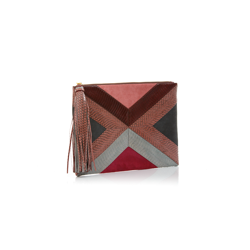 KAPPOW pouch cognac and cassis cobra with eggplant leather and black suede