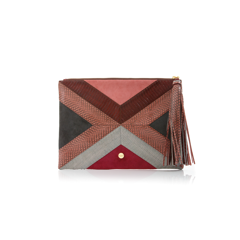 KAPPOW pouch cognac and cassis cobra with eggplant leather and black suede