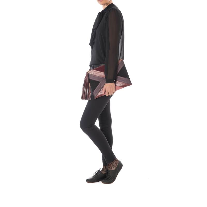 KAPPOW pouch cognac and cassis cobra with eggplant leather and black suede