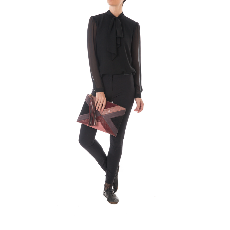 KAPPOW pouch cognac and cassis cobra with eggplant leather and black suede