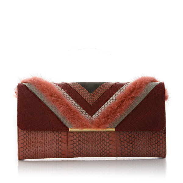 KILLAH clutch bag cassis & cognac cobra with cognac mink