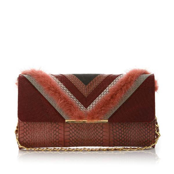 KILLAH clutch bag cassis & cognac cobra with cognac mink