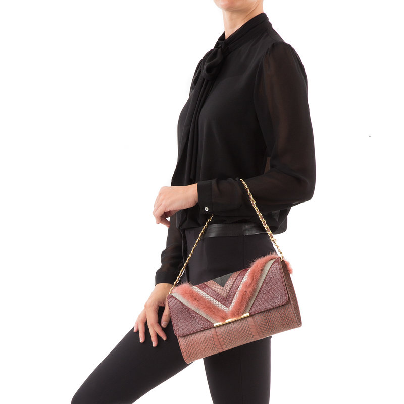 KILLAH clutch bag cassis & cognac cobra with cognac mink