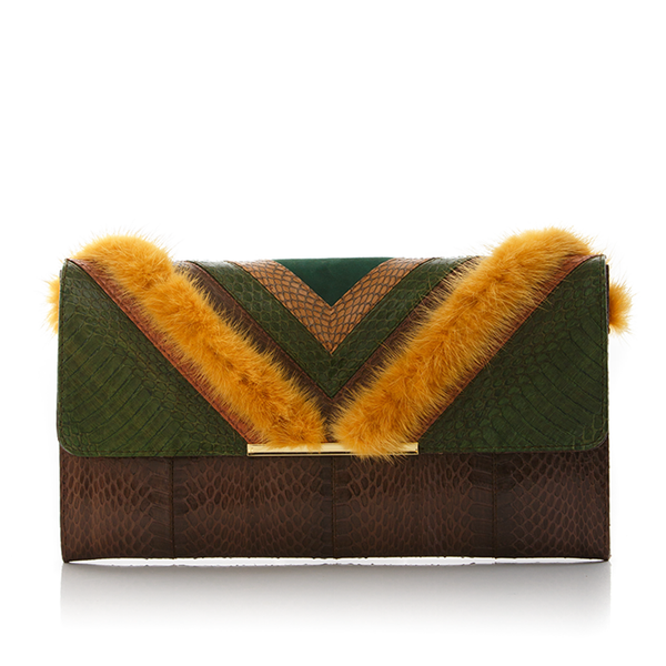 KILLAH clutch bag summer green & coffee brown cobra with mustard mink