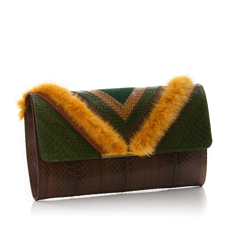 KILLAH clutch bag summer green & coffee brown cobra with mustard mink