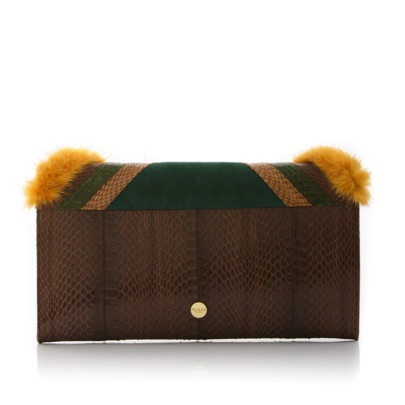 KILLAH clutch bag summer green & coffee brown cobra with mustard mink