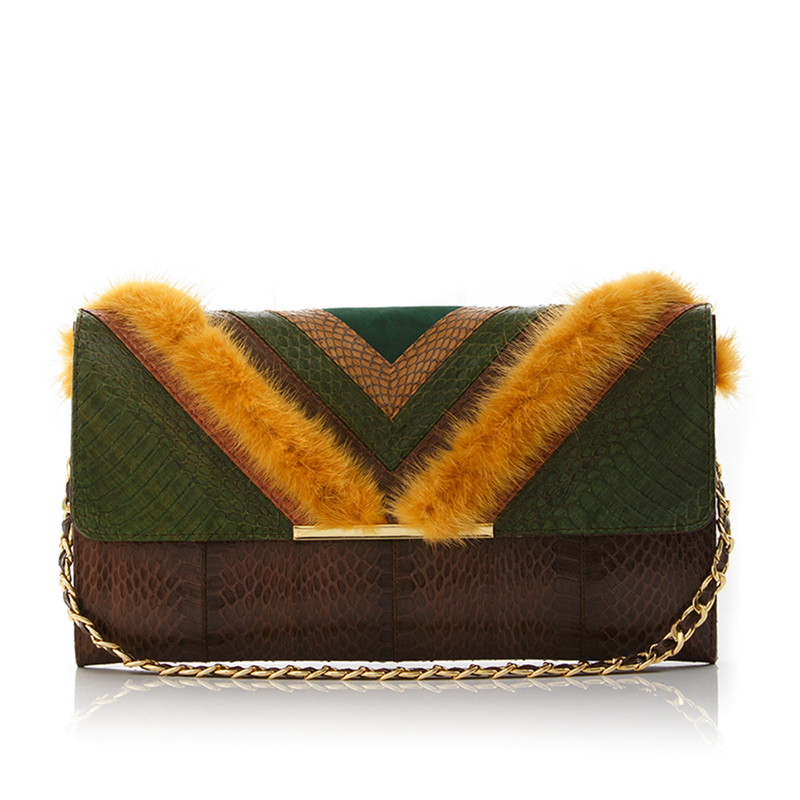 KILLAH clutch bag summer green & coffee brown cobra with mustard mink