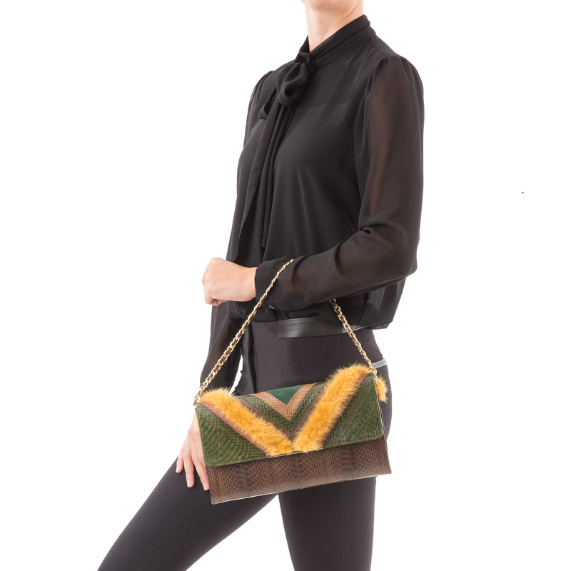 KILLAH clutch bag summer green & coffee brown cobra with mustard mink