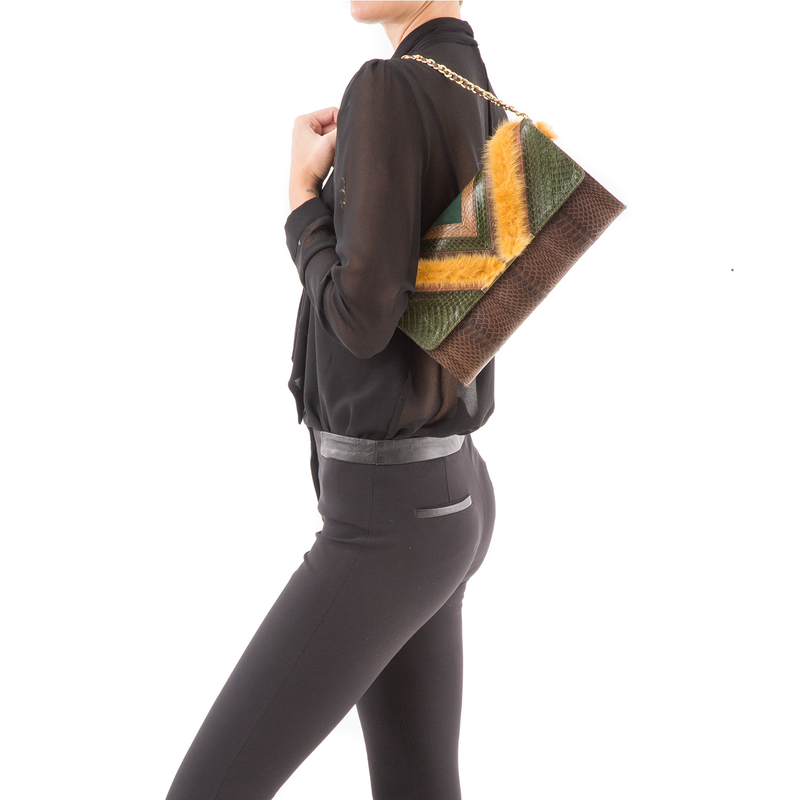 KILLAH clutch bag summer green & coffee brown cobra with mustard mink