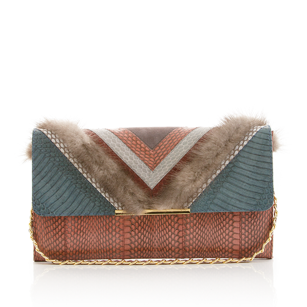 KILLAH clutch bag grey blue & cognac cobra & grey mink