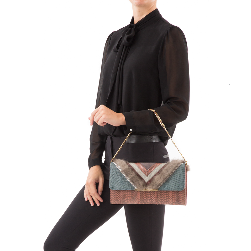 KILLAH clutch bag grey blue & cognac cobra & grey mink