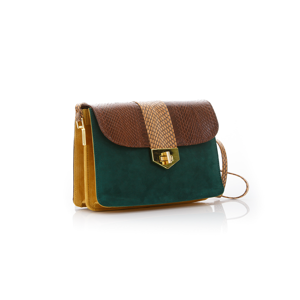 Crossbody Bag LIM LE FO Brown Cobra with Forest Green and Mustard Suede