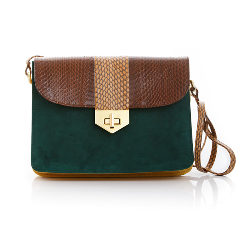 Crossbody Bag LIM LE FO Brown Cobra with Forest Green and Mustard Suede