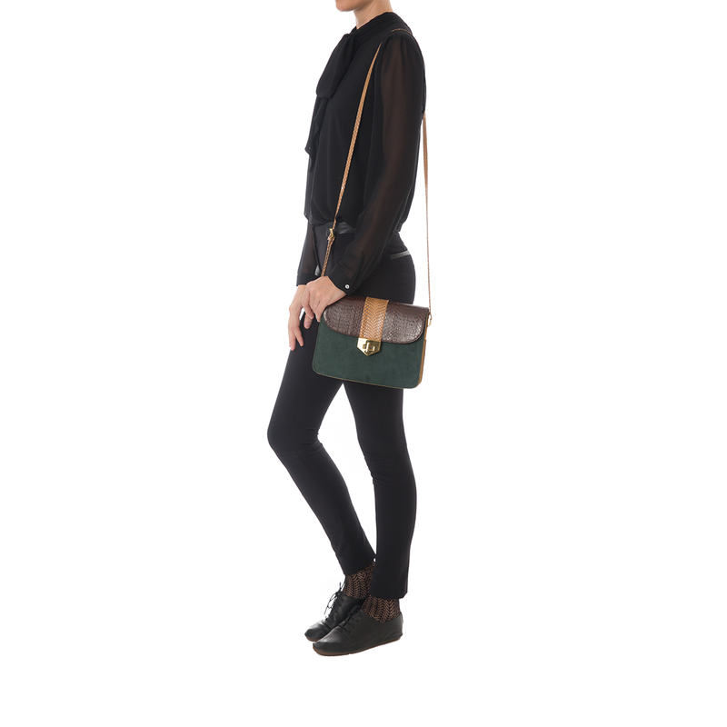 Crossbody Bag LIM LE FO Brown Cobra with Forest Green and Mustard Suede