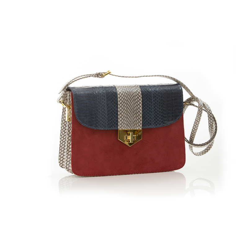 Crossbody Bag LIM LE FO Navy Blue and White Cobra and Carmin Suede