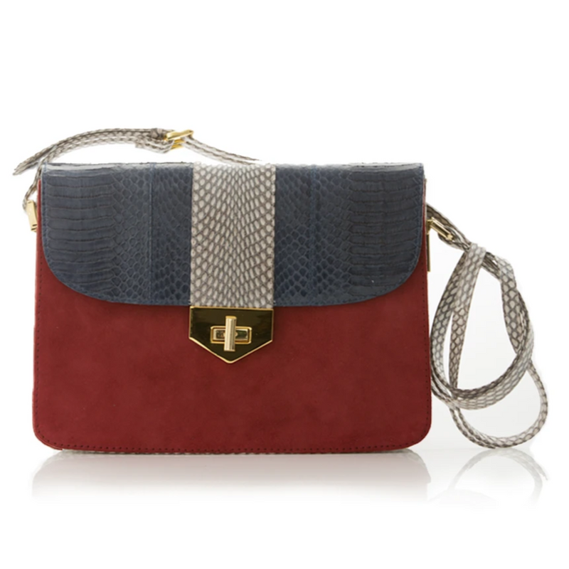 Crossbody Bag LIM LE FO Navy Blue and White Cobra and Carmin Suede