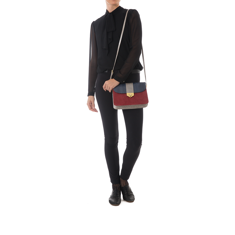 Crossbody Bag LIM LE FO Navy Blue and White Cobra and Carmin Suede