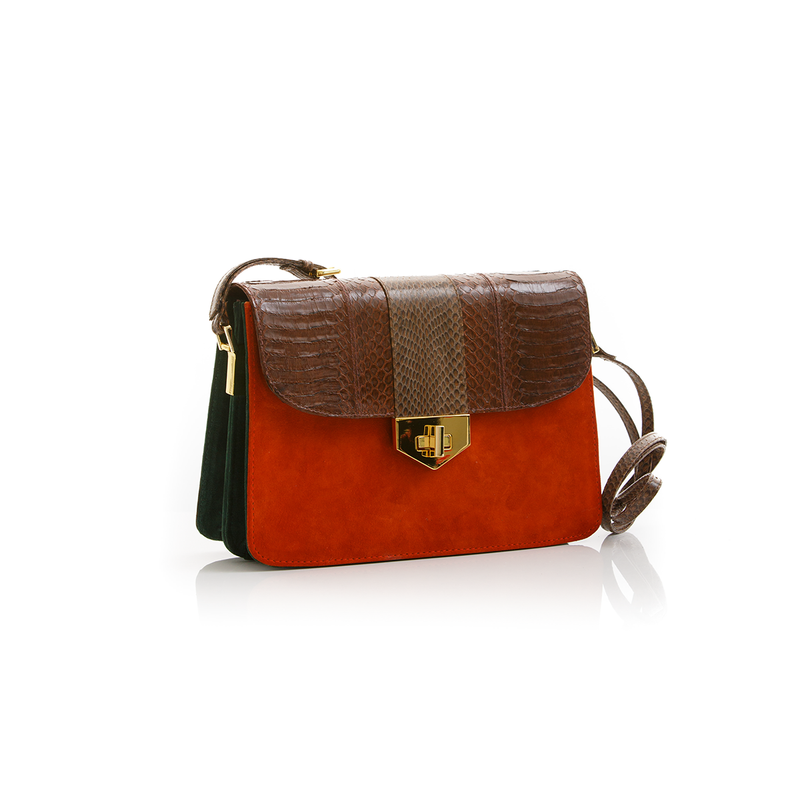 Crossbody Bag LIM LE FO Brown Cobra with Paprika and Green Forest Suede