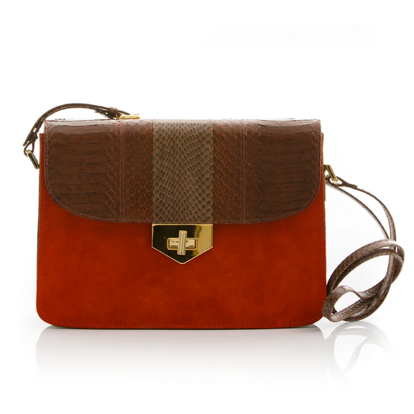 Crossbody Bag LIM LE FO Brown Cobra with Paprika and Green Forest Suede