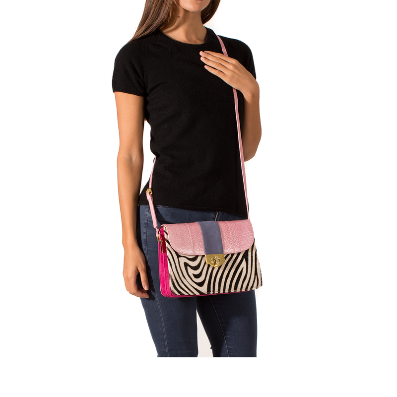 Crossbody Bag LIM LE FO Pink Cobra Lily Suede and Zebra Print Calf