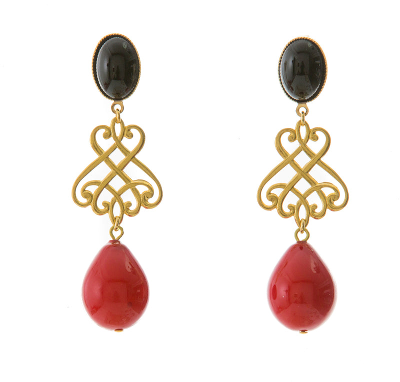 LUDIVINE Earrings with Black agate and Red drop