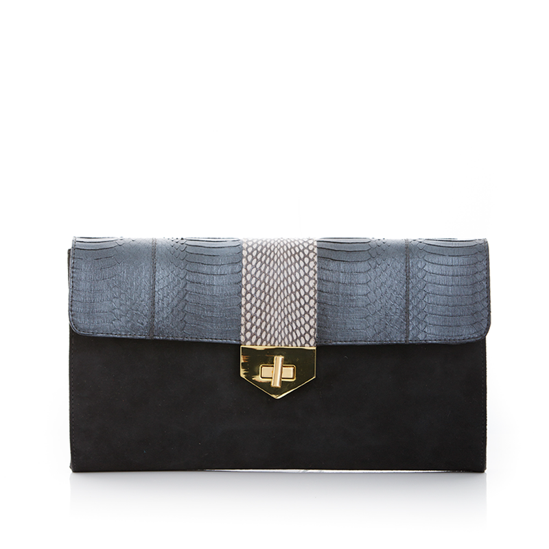 LUV YAH clutch bag with removable strap metal grey cobra and elephant grey suede