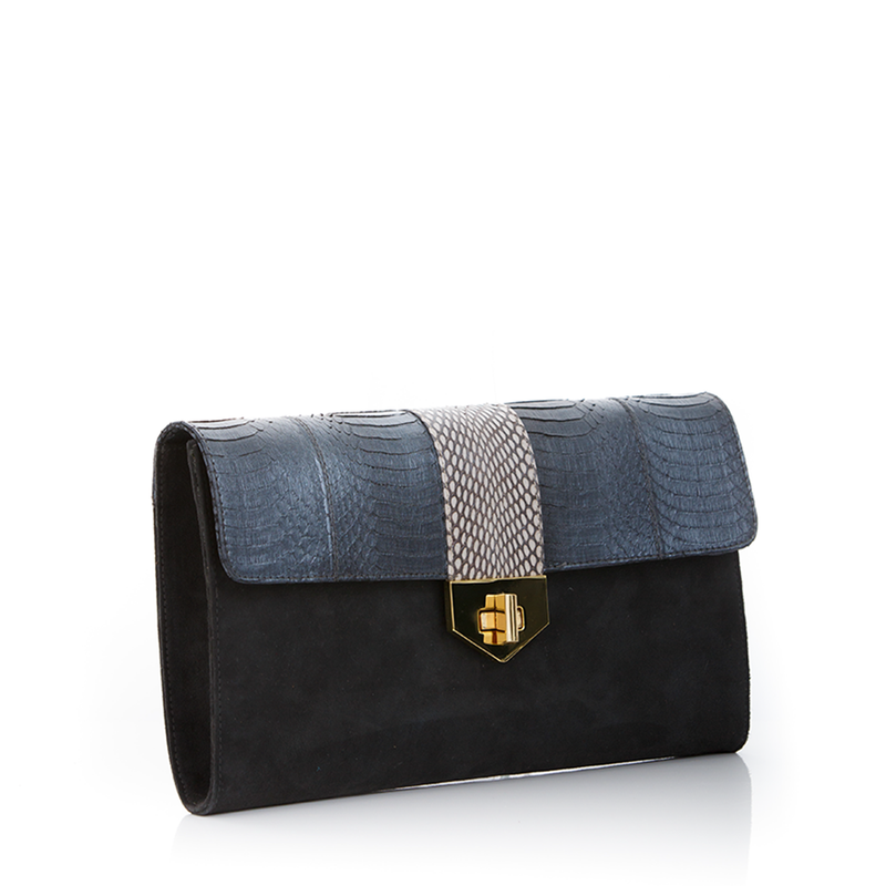 LUV YAH clutch bag with removable strap metal grey cobra and elephant grey suede