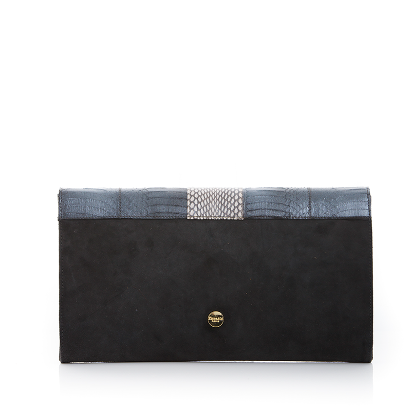 LUV YAH clutch bag with removable strap metal grey cobra and elephant grey suede