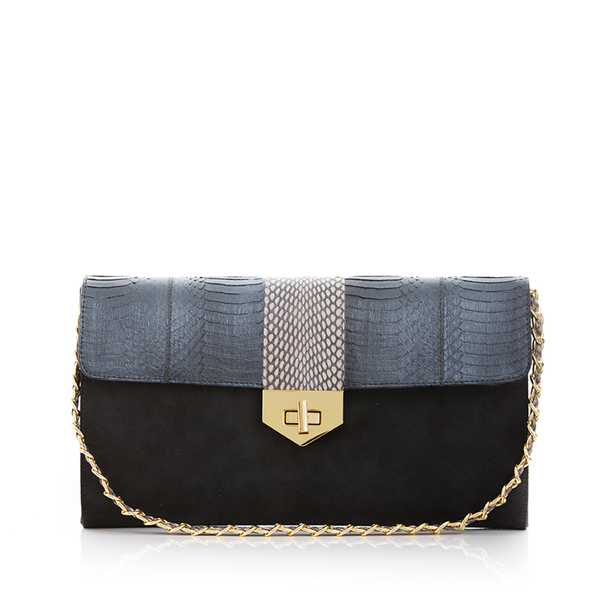 LUV YAH clutch bag with removable strap metal grey cobra and elephant grey suede