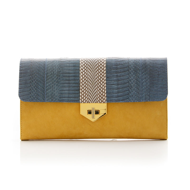 LUV YAH clutch bag with removable strap grey blue cobra and mustard suede