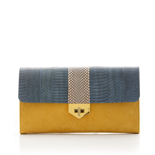 LUV YAH clutch bag with removable strap grey blue cobra and mustard suede