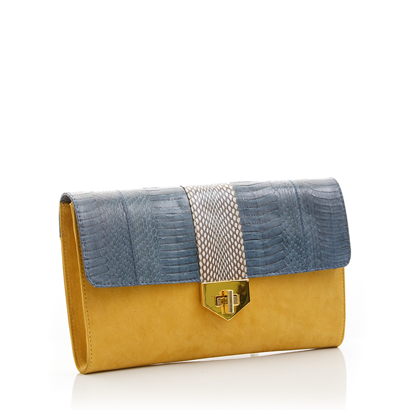 LUV YAH clutch bag with removable strap grey blue cobra and mustard suede