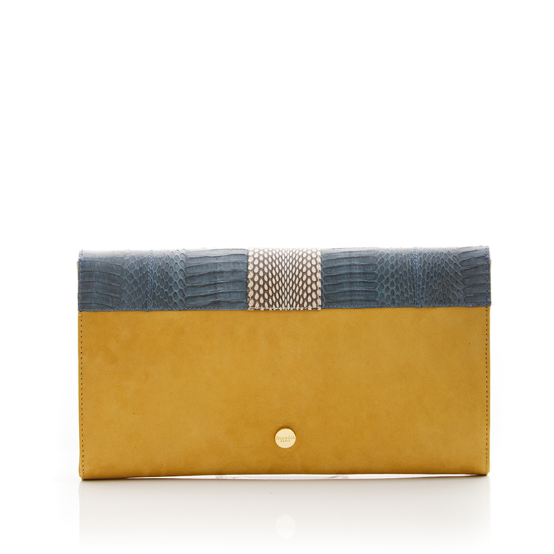LUV YAH clutch bag with removable strap grey blue cobra and mustard suede