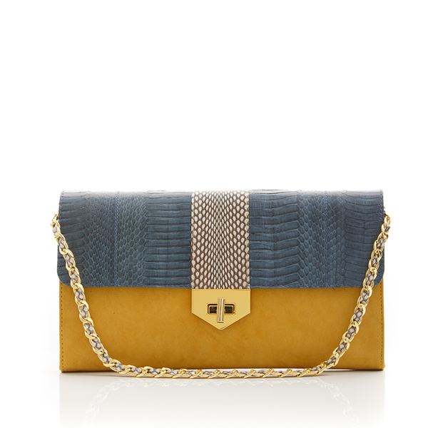 LUV YAH clutch bag with removable strap grey blue cobra and mustard suede