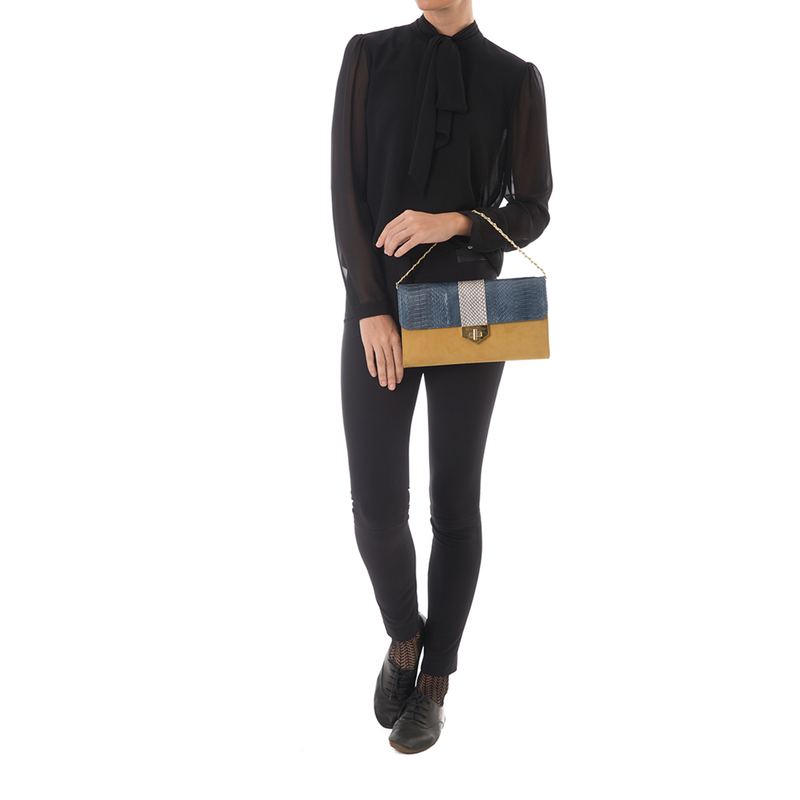 LUV YAH clutch bag with removable strap grey blue cobra and mustard suede