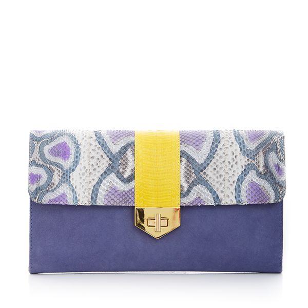 LUV YAH clutch bag with removable strap blue painted python and lavender suede