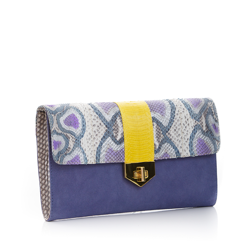 LUV YAH clutch bag with removable strap blue painted python and lavender suede