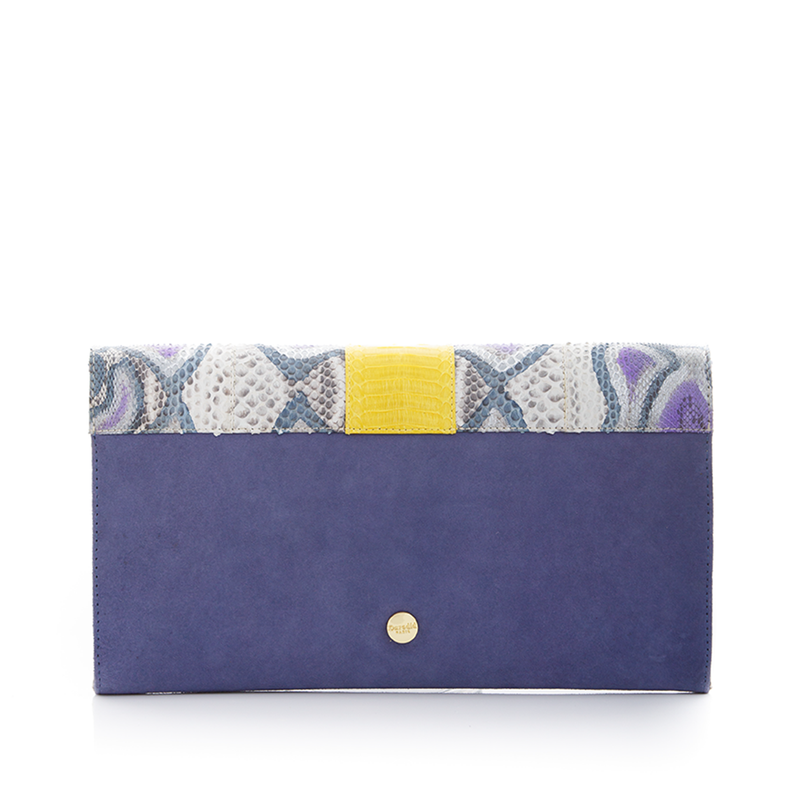 LUV YAH clutch bag with removable strap blue painted python and lavender suede