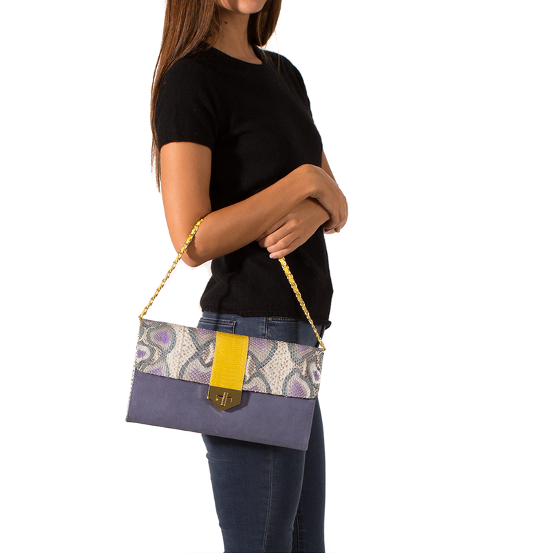 LUV YAH clutch bag with removable strap blue painted python and lavender suede