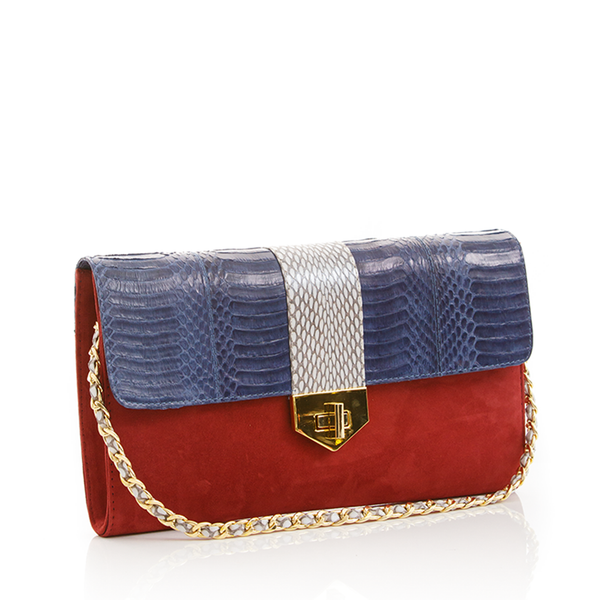 LUV YAH clutch bag with removable strap navy blue cobra and carmin suede