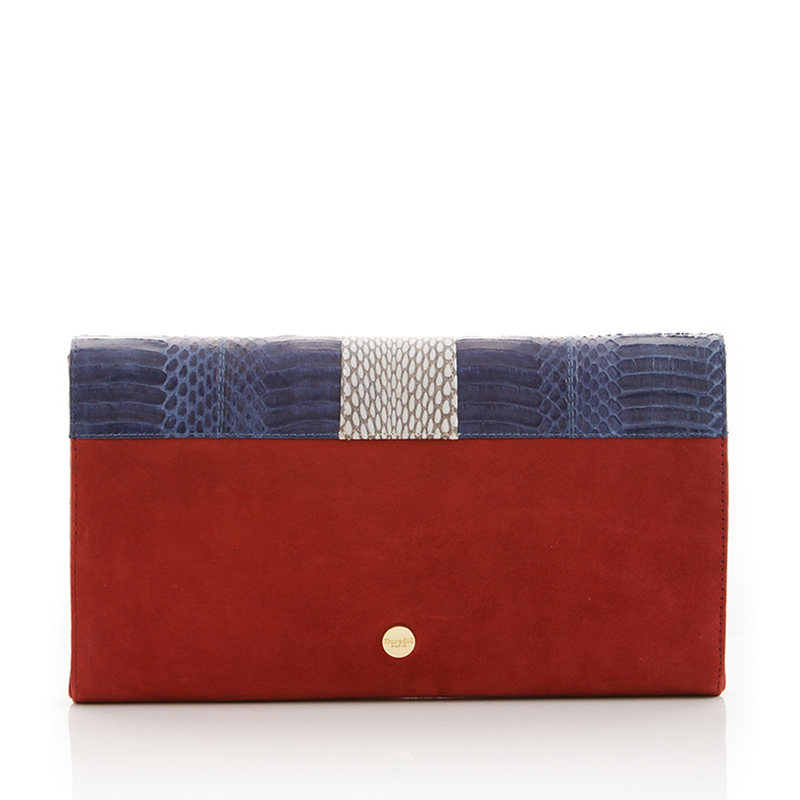 LUV YAH clutch bag with removable strap navy blue cobra and carmin suede