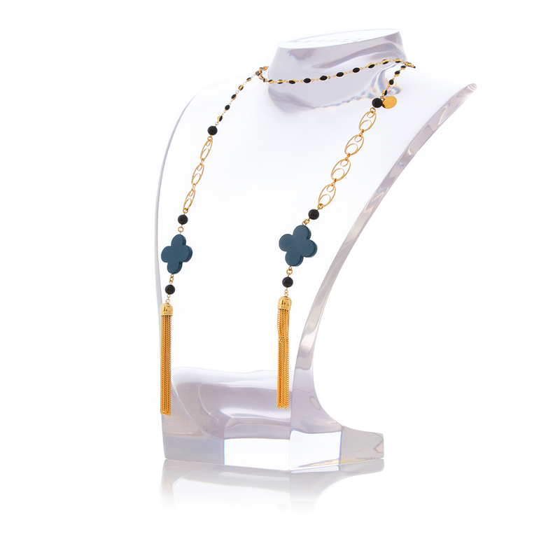 MAURESK Double Tasseled Blue Lacquered Horn and Black Agate Necklace